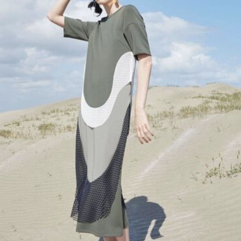 UN3D. 華やかカーブ 切替 メッシュデザイン ロング ワンピース M 半袖