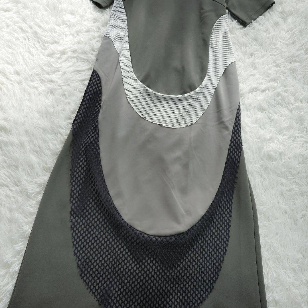 UN3D. 華やかカーブ 切替 メッシュデザイン ロング ワンピース M 半袖