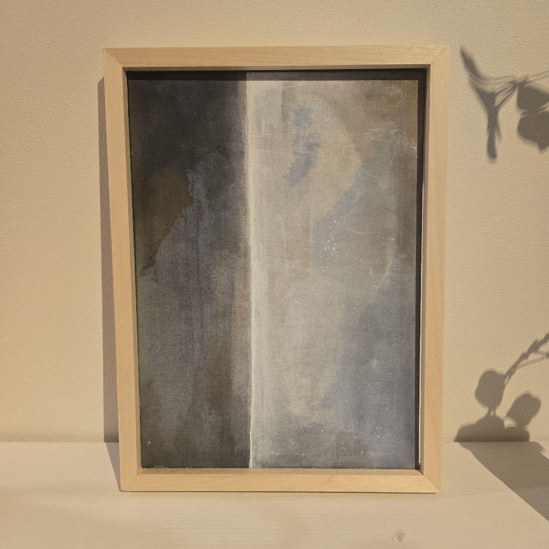 グレー ブルー ホワイト系抽象画 アクリル画 木製フレーム付き F4 サイズ