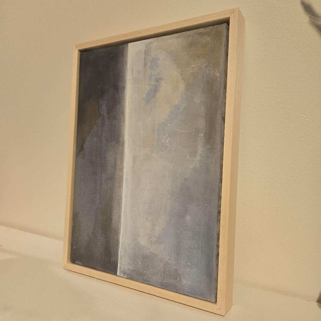 グレー ブルー ホワイト系抽象画 アクリル画 木製フレーム付き F4 サイズ