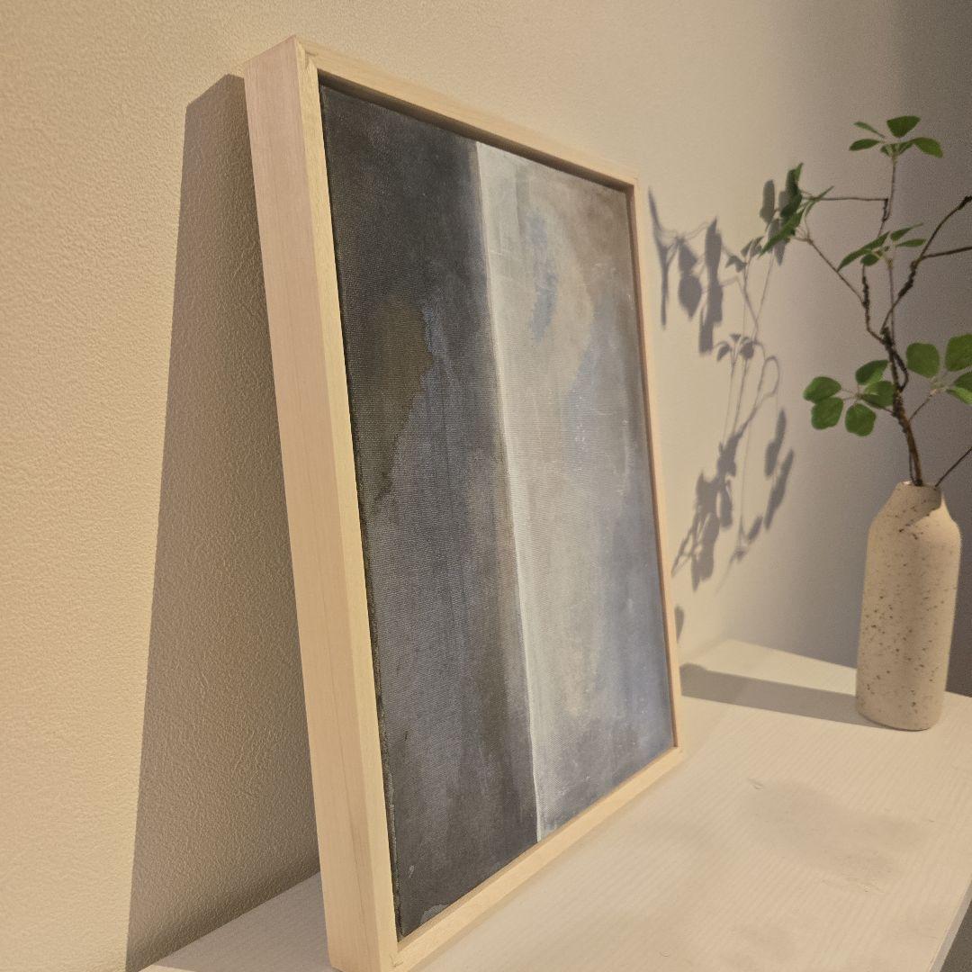 グレー ブルー ホワイト系抽象画 アクリル画 木製フレーム付き F4 サイズ