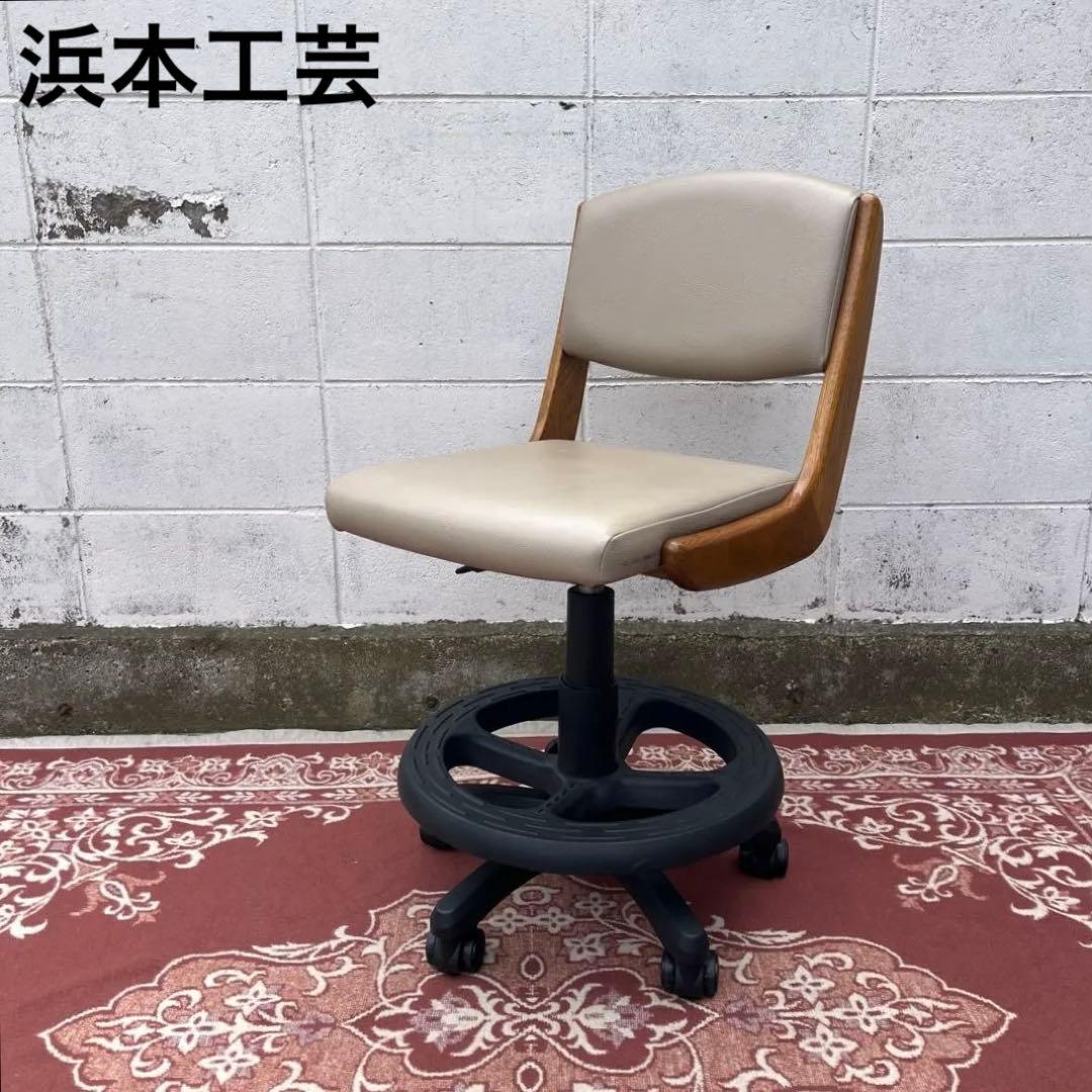 浜本工芸 ◾️木製オーク材フレーム×本革レザー座面 キャスター付き デスクチェア