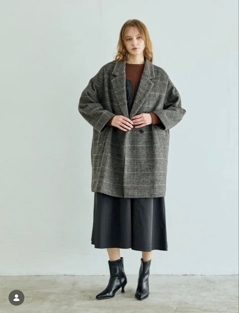 ディニテコリエ　チェック ダブルブレストウールコート