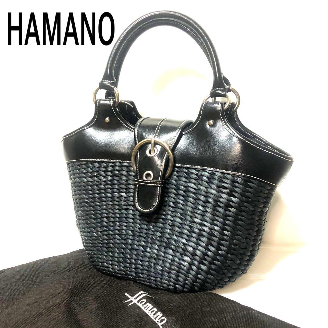 【未使用級　皇室御用達】濱野 ハンドバッグ 籠バッグ レザー×編み込み ブラック