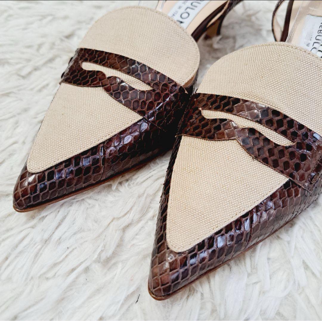 ネブローニ リネン パイソン コンビバックストラップパンプス 37.5