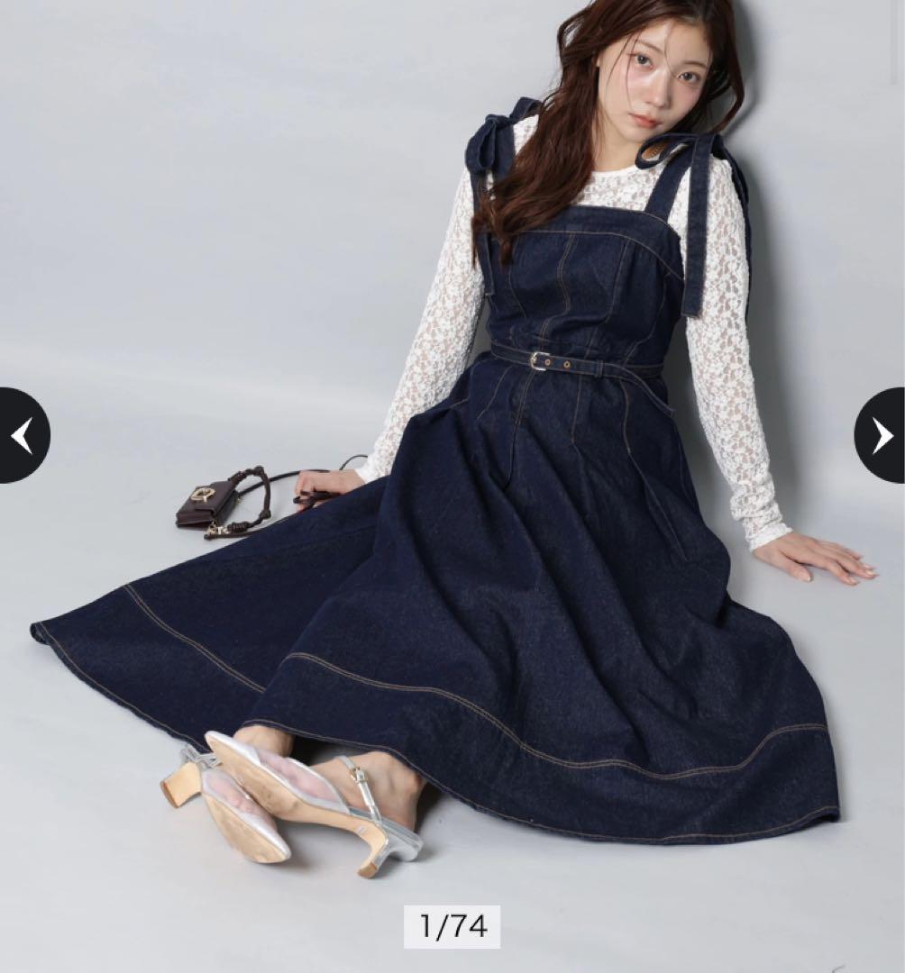 【新品】【セール中】アプワイザーリッシェ　ショルダーリボンデニムジャンスカ　紺S