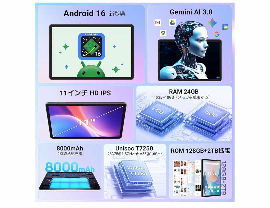 TABWEE T50 タブレット 11インチ Android16 WiFiモデル
