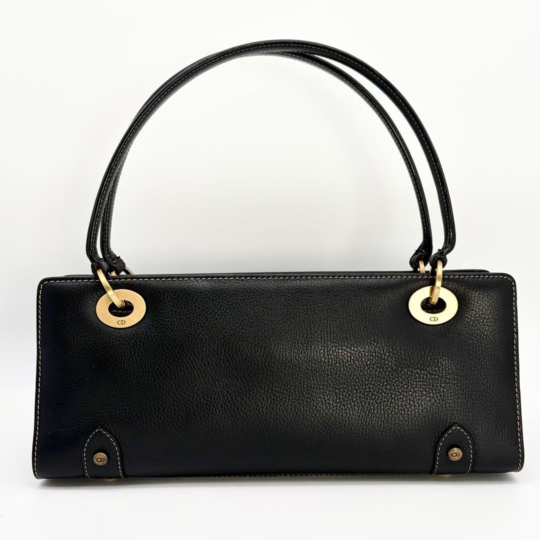 【美品】クリスチャンディオール レザーハンドバッグ 横長 鍵付き ブラック