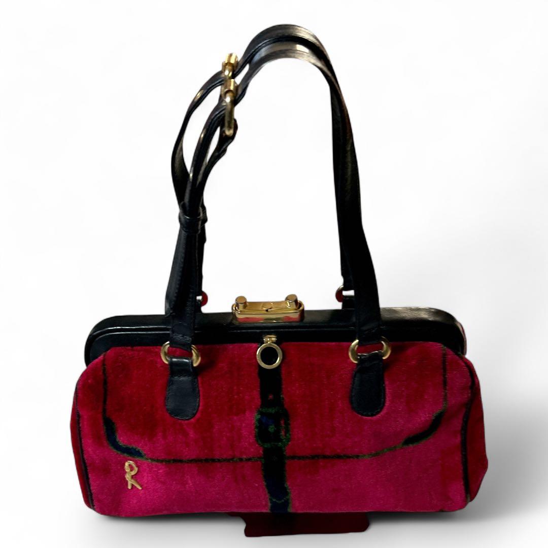 ロベルタディカメリーノ 口金　ベルベット 赤 ハンドバッグ　ロゴ　がま口