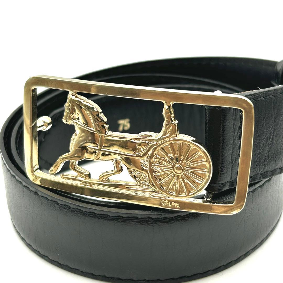 【美品】CELINE 馬車ロゴ バックル ベルト ブラック レザー レディース