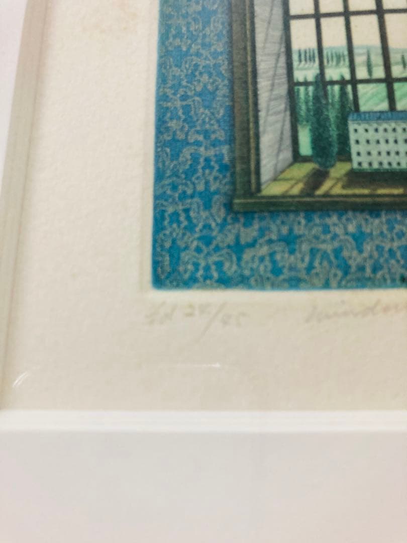 レトロリトグラフ？版画？ 『window』 版画+手彩色?　 直筆サイン　45部