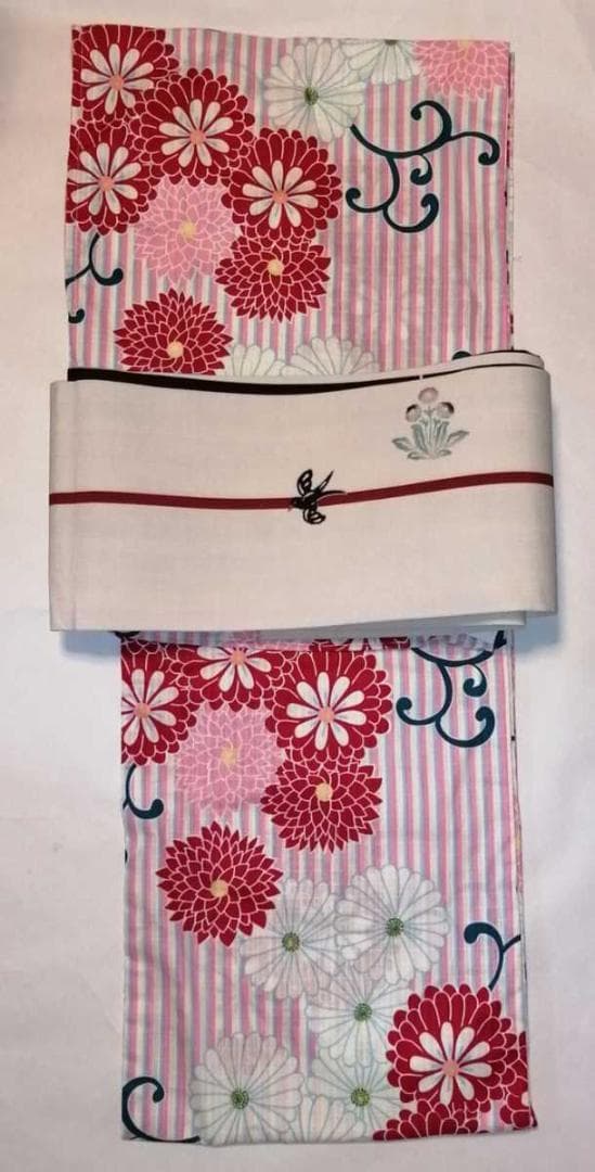 ★un deuxブランド浴衣★ピンク白縦縞.古典菊レトロ柄★ふりふ