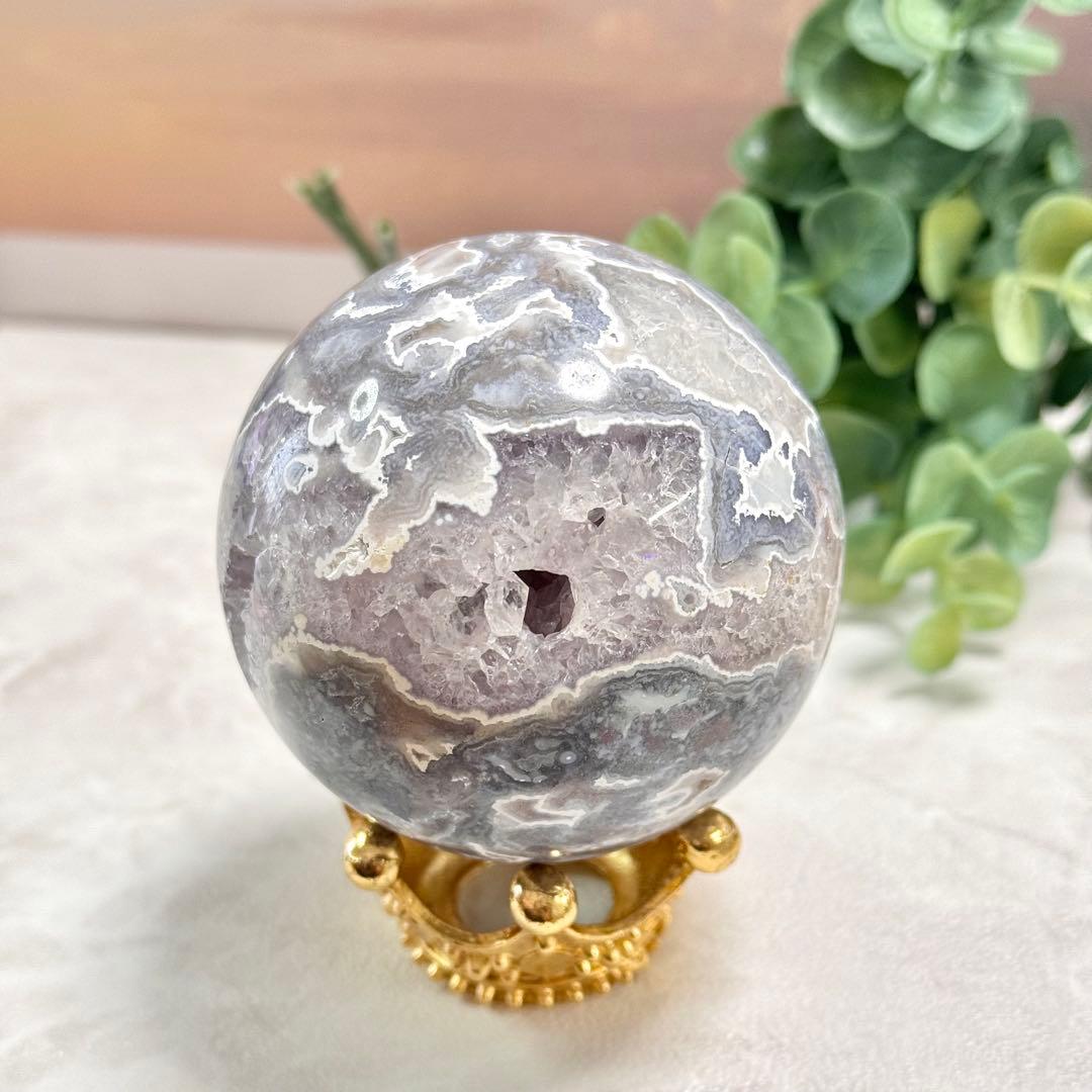 【D279】レアカラー×ほんわかパープル モスアゲートスフィア 約63.5mm