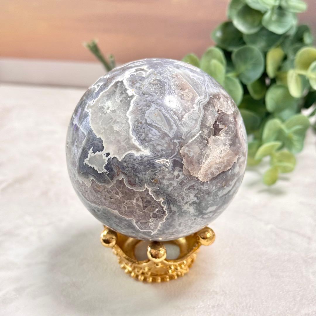 【D279】レアカラー×ほんわかパープル モスアゲートスフィア 約63.5mm