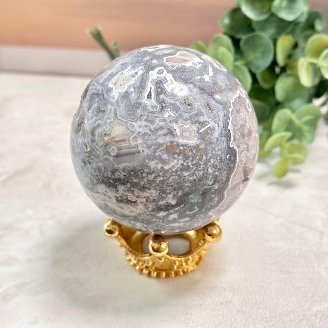 【D279】レアカラー×ほんわかパープル モスアゲートスフィア 約63.5mm