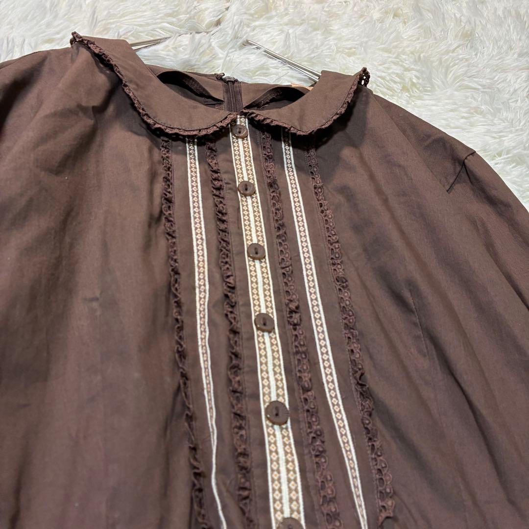 ストリートオルガン ロングワンピース M ブラウン フリル 襟 レトロ パーティ