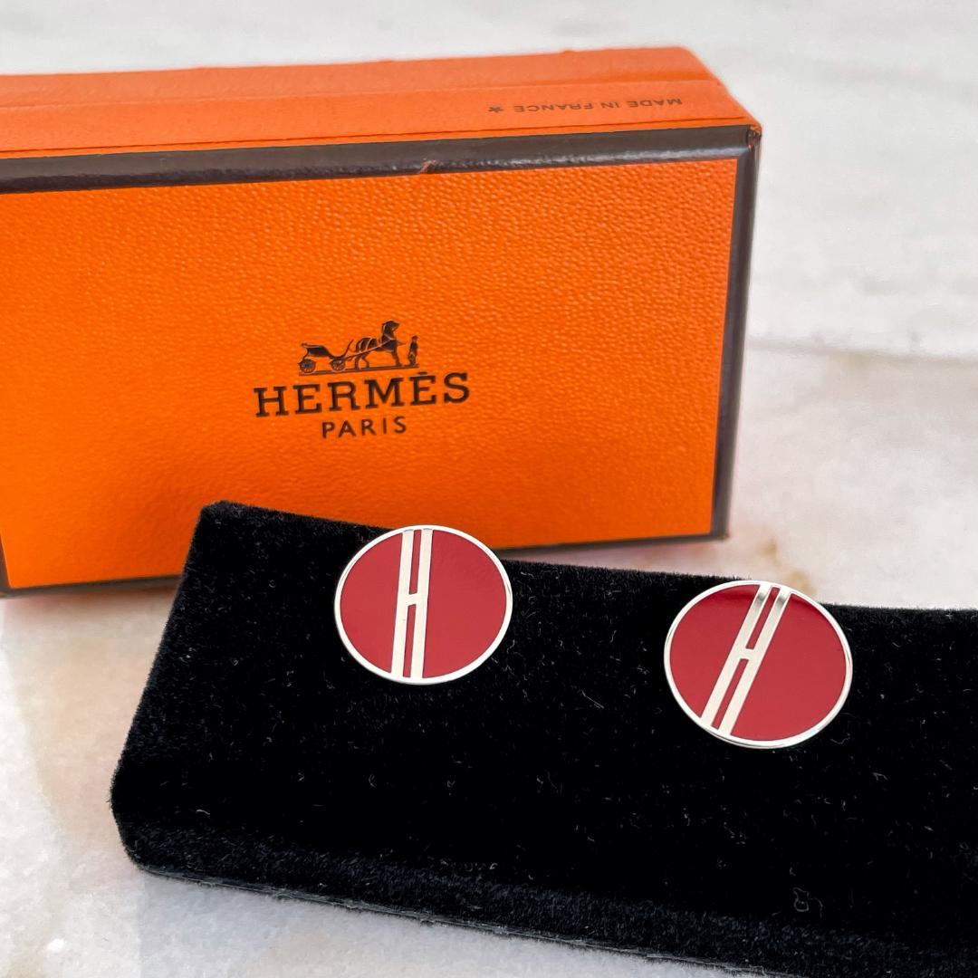 2530 極美品☆HERMES エルメス Hロゴ カフスボタン レッド×シルバー