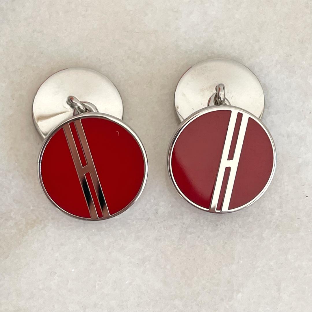 2530 極美品☆HERMES エルメス Hロゴ カフスボタン レッド×シルバー