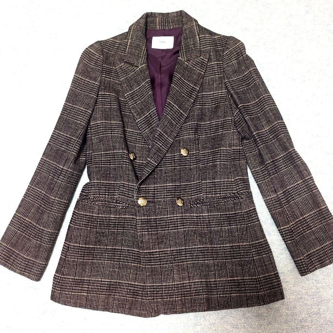 IENA モールチェック ダブルブレストジャケット 金ボタン ブラウン 36