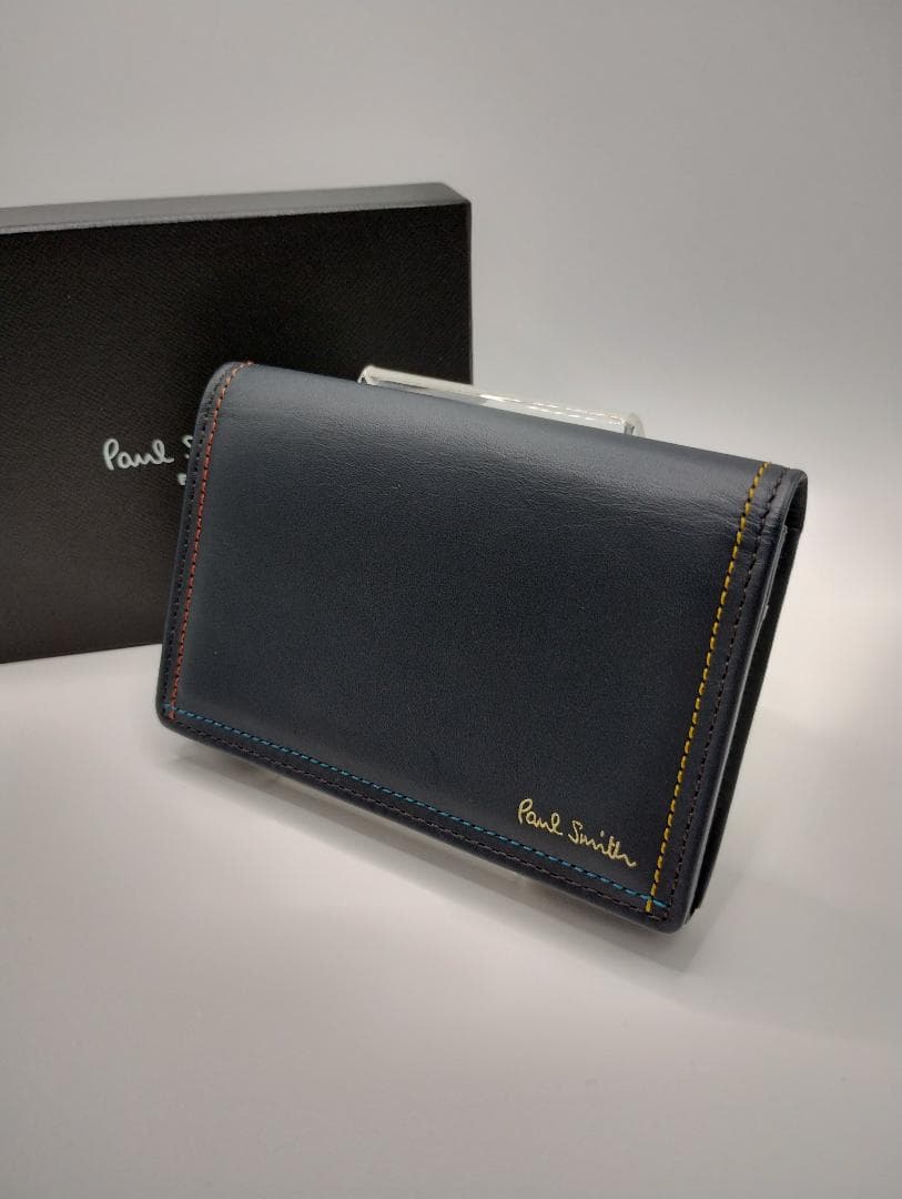 【新品・未使用】 ポールスミス 名刺入れ ネイビー レザー ステッチ箱付き