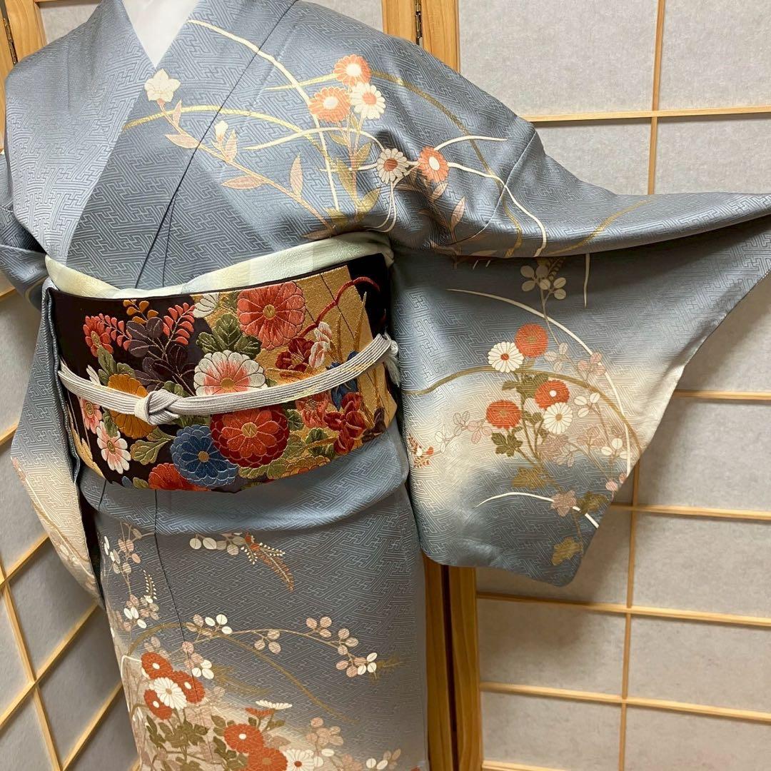 ［5800］訪問着 美品 草花 金彩 三越扱い ぼかし 正絹 着物 袷