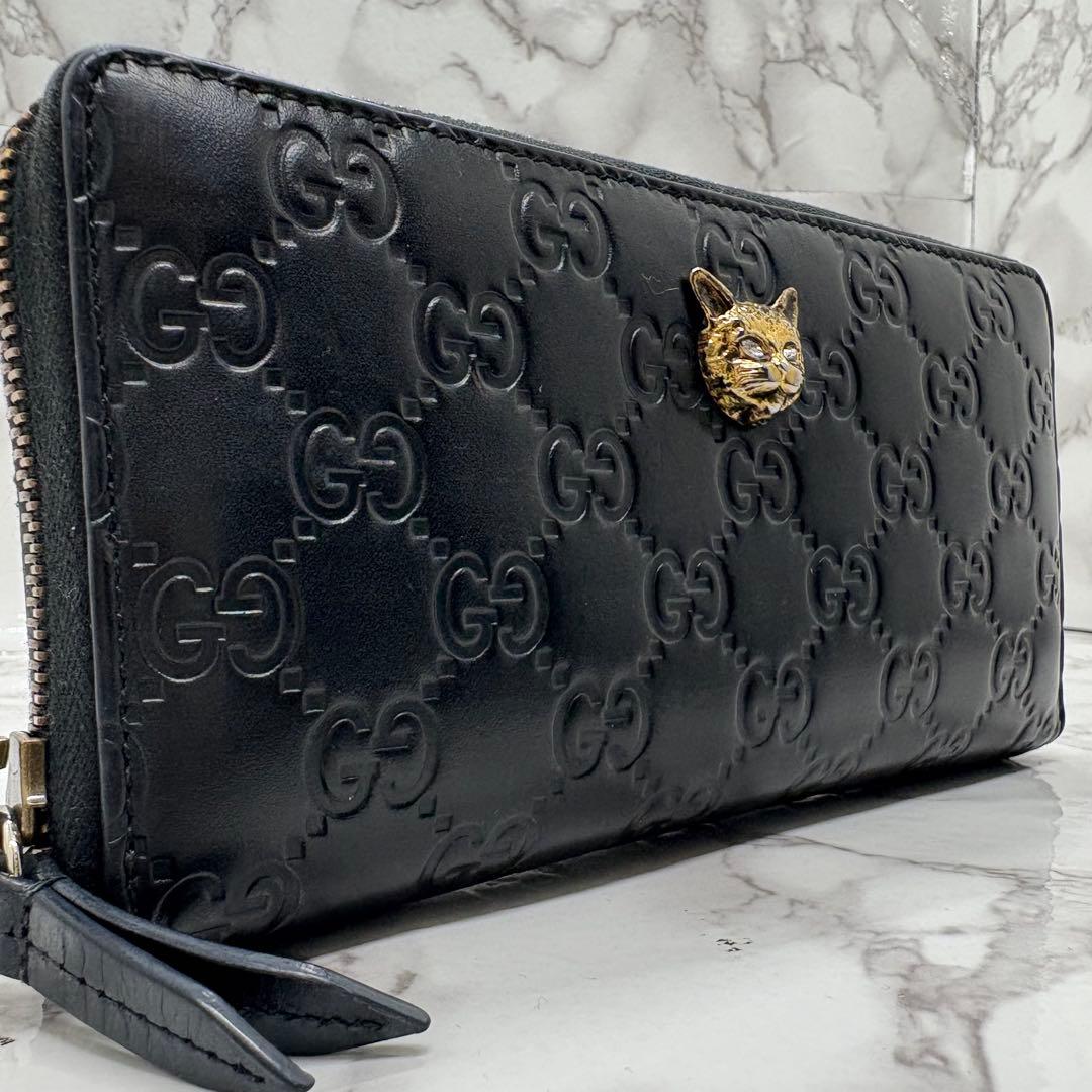 【極美品】 グッチ ラウンドファスナーキャットヘッド ゴールド 金具 ブラック