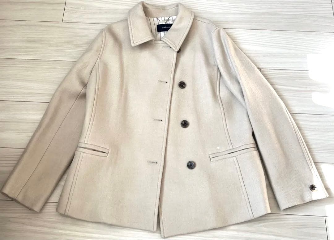 ウール、シルク混ステンカラー　ハーフコート　ベージュ