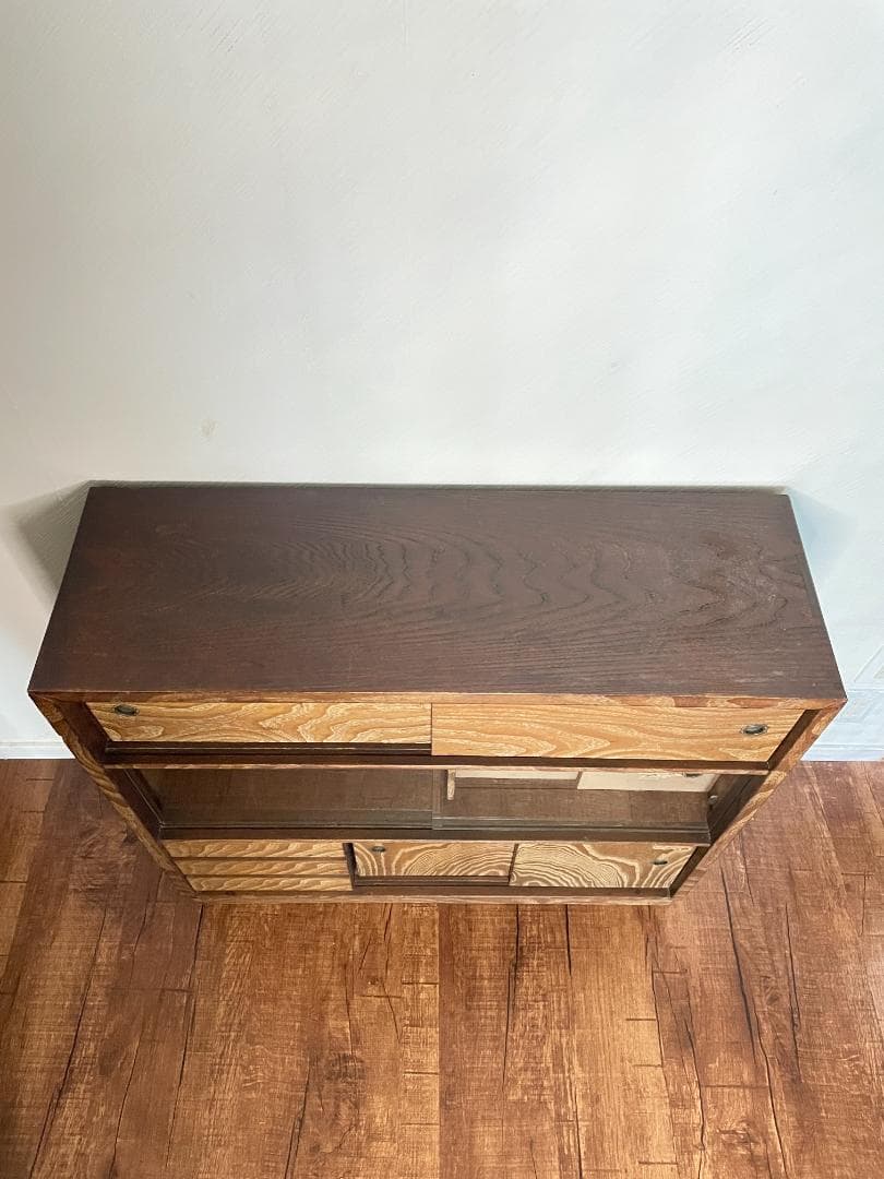 【昭和レトロ】茶ダンス｜収納棚｜ガラス戸付き｜キズあり｜木目調｜ヴィンテージ家具