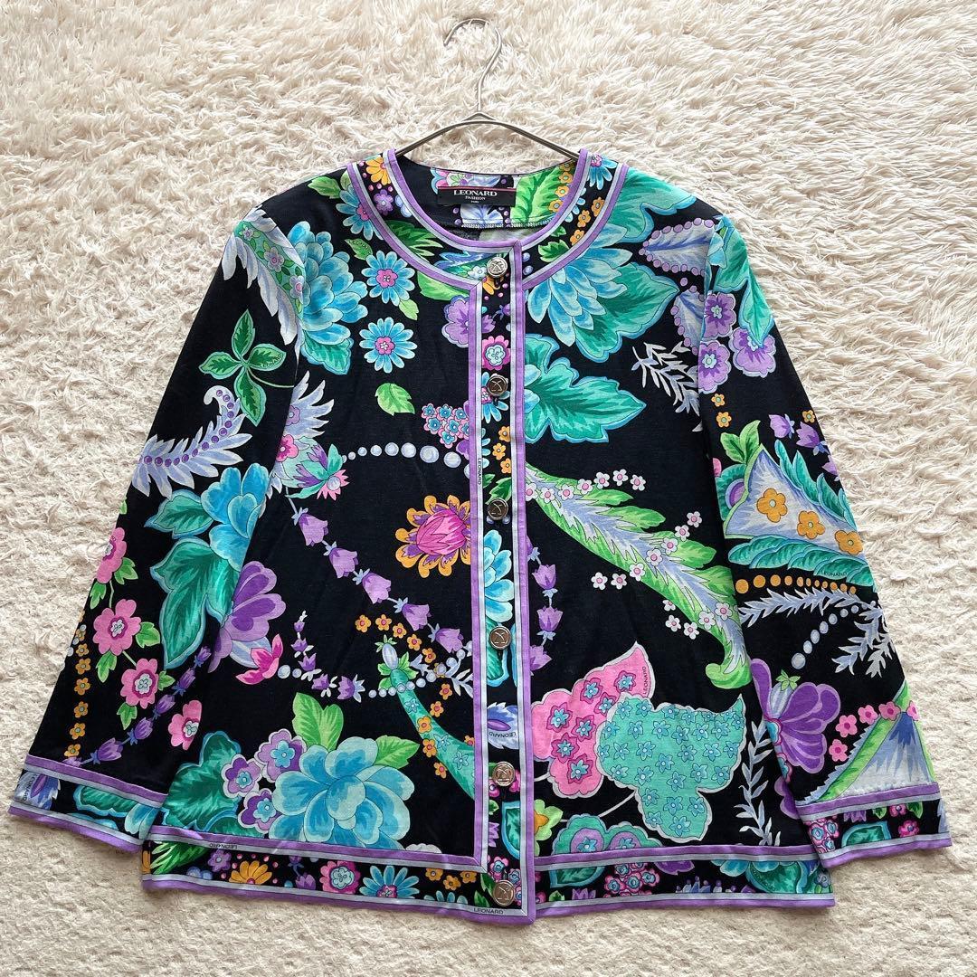 【美品】レオナール カーディガン 花柄 トリム ロゴボタン ウール シルク M