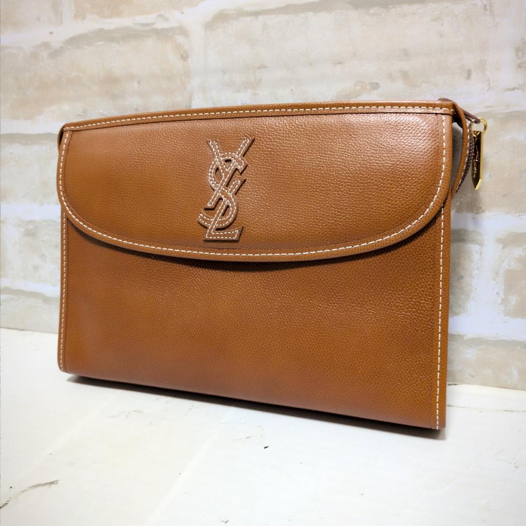 ★【イヴ・サンローラン】立体刺繍 シボ革 /セカンドバッグ ブラウン 新同品