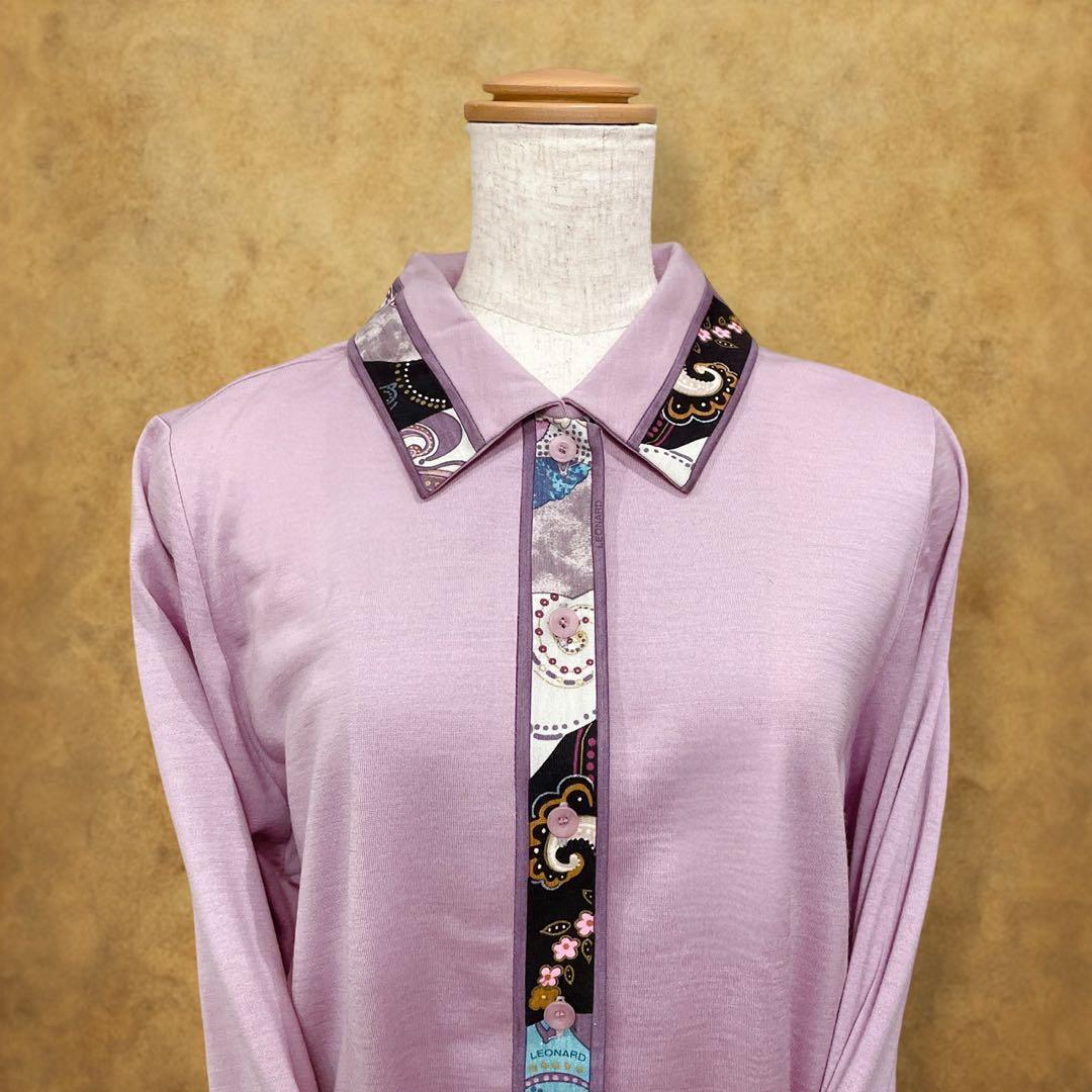 【時巡る】LEONARD 花柄 長袖ポロシャツ 紫系 LL 上品デザイン