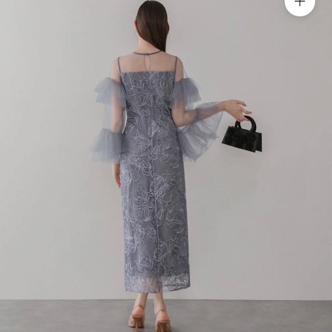 LEJA フリルチュールスリーブレースIラインワンピースドレス