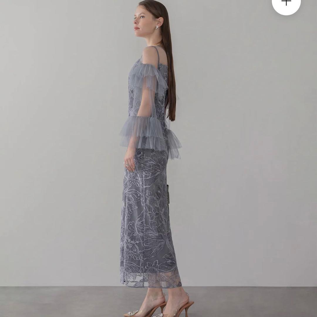 LEJA フリルチュールスリーブレースIラインワンピースドレス