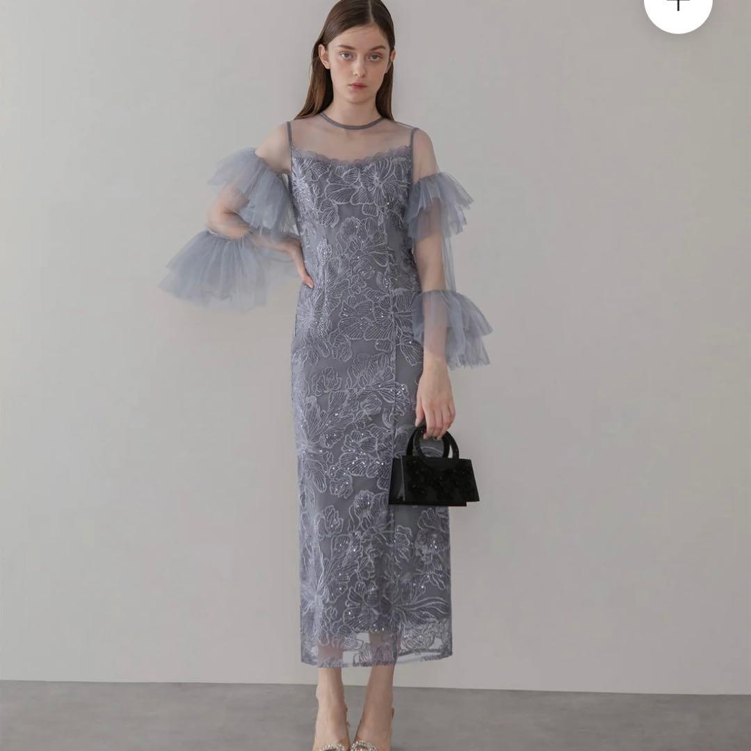 LEJA フリルチュールスリーブレースIラインワンピースドレス