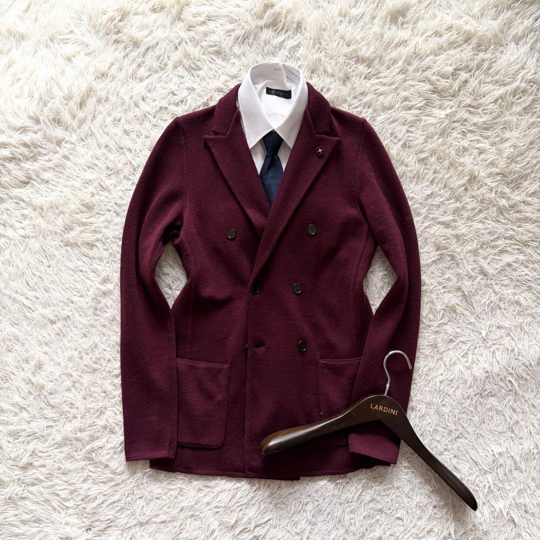 <極美品>LARDINI ボルドー ウール ダブル ニットジャケット S相当