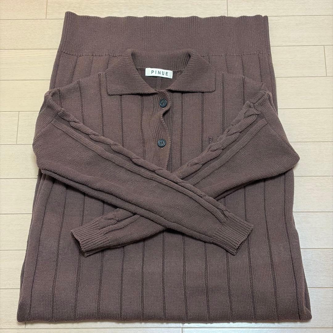 PINUE ポロカラーリブニットワンピース　チョコレート