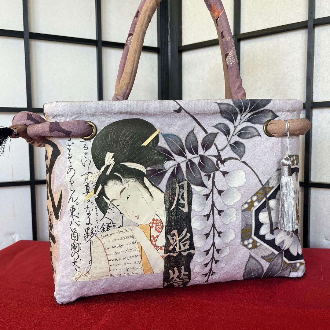 歌麿 浮世絵 美人 一閑張り バッグ かごバッグ ハンドバッグ 正絹 花 特大