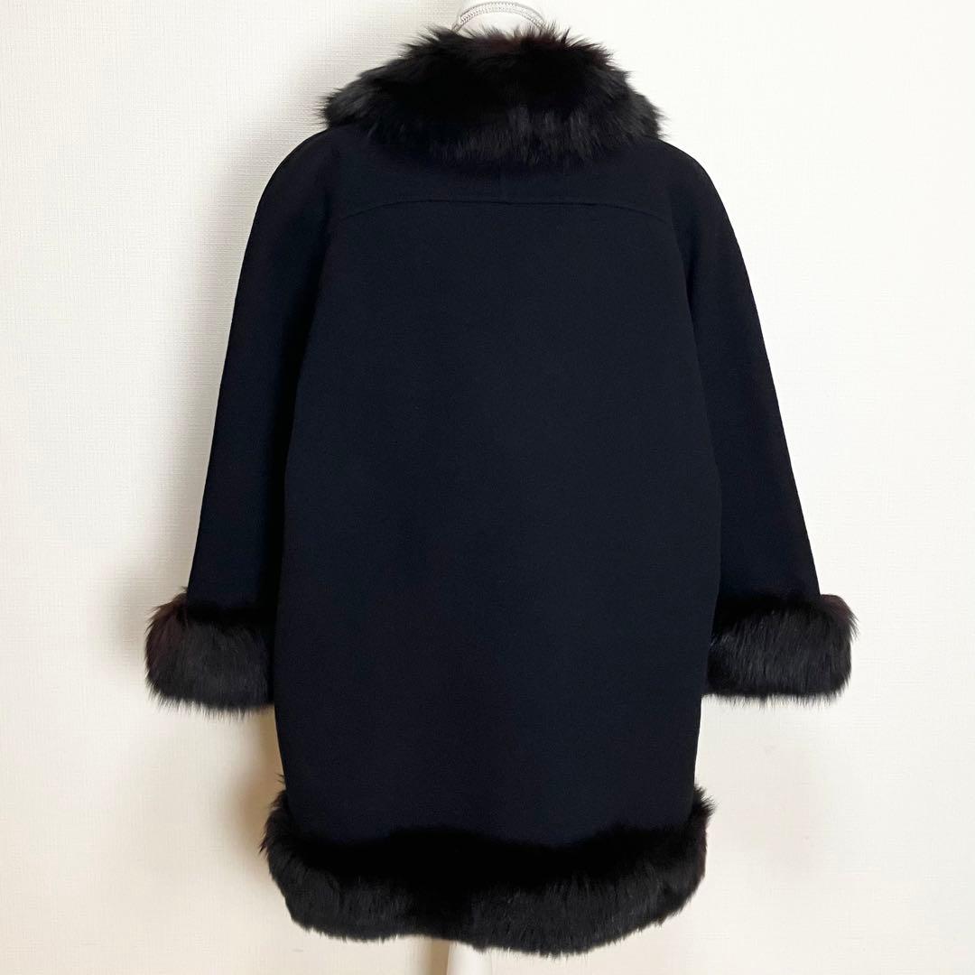 伊太利屋　イタリヤ ファーウールコート　毛皮 ブラック　大きめサイズ11 黒