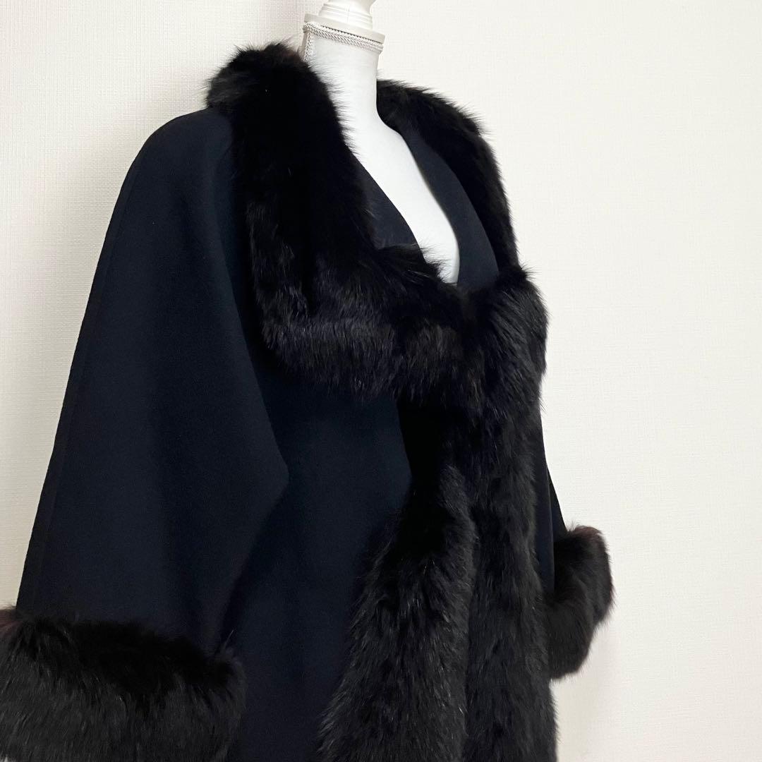 伊太利屋　イタリヤ ファーウールコート　毛皮 ブラック　大きめサイズ11 黒