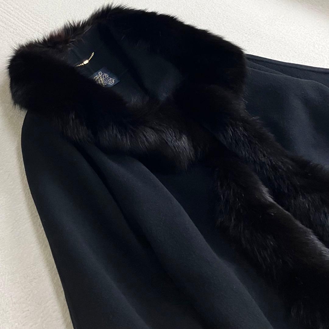 伊太利屋　イタリヤ ファーウールコート　毛皮 ブラック　大きめサイズ11 黒