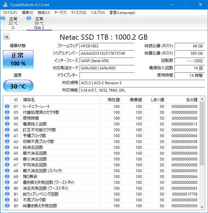 Netac N530S 1TB SSD 2.5インチ SATA 使用時間僅か