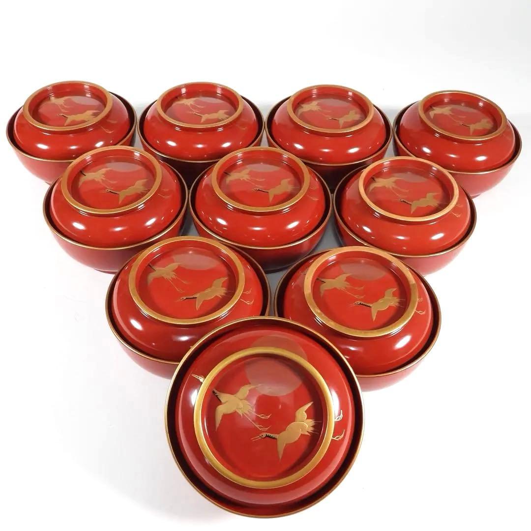 金蒔絵 千羽鶴 煮物椀 10客 木製漆器 天然木 輪島金沢能登 汁椀　蓋碗