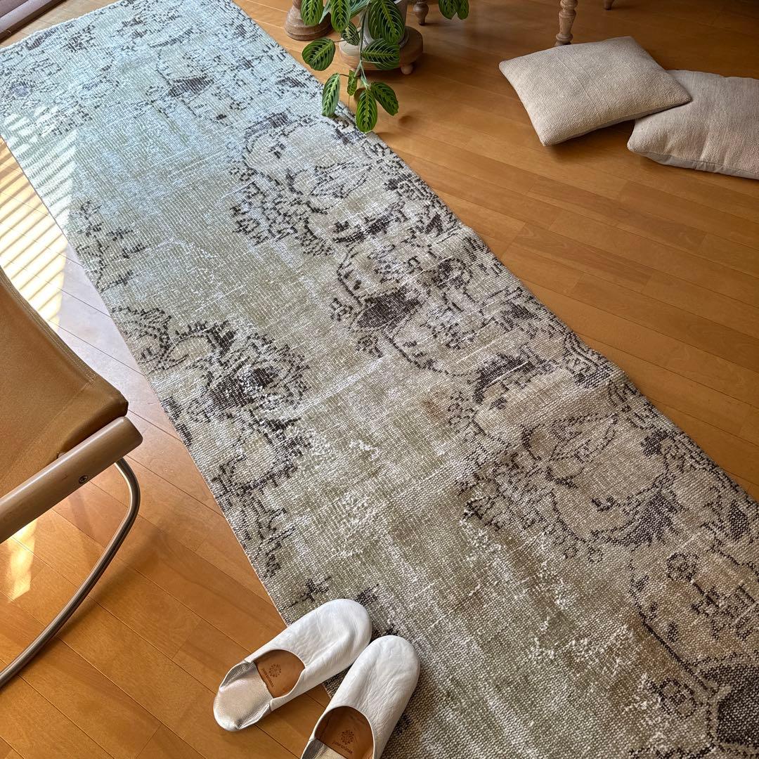 超ロング76.5×310 カーキベージュ　ランナーラグ　トルコヴィンテージラグ