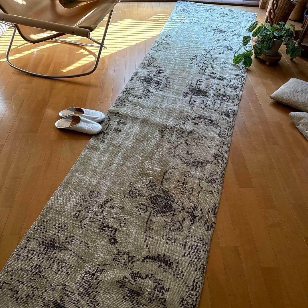 超ロング76.5×310 カーキベージュ　ランナーラグ　トルコヴィンテージラグ