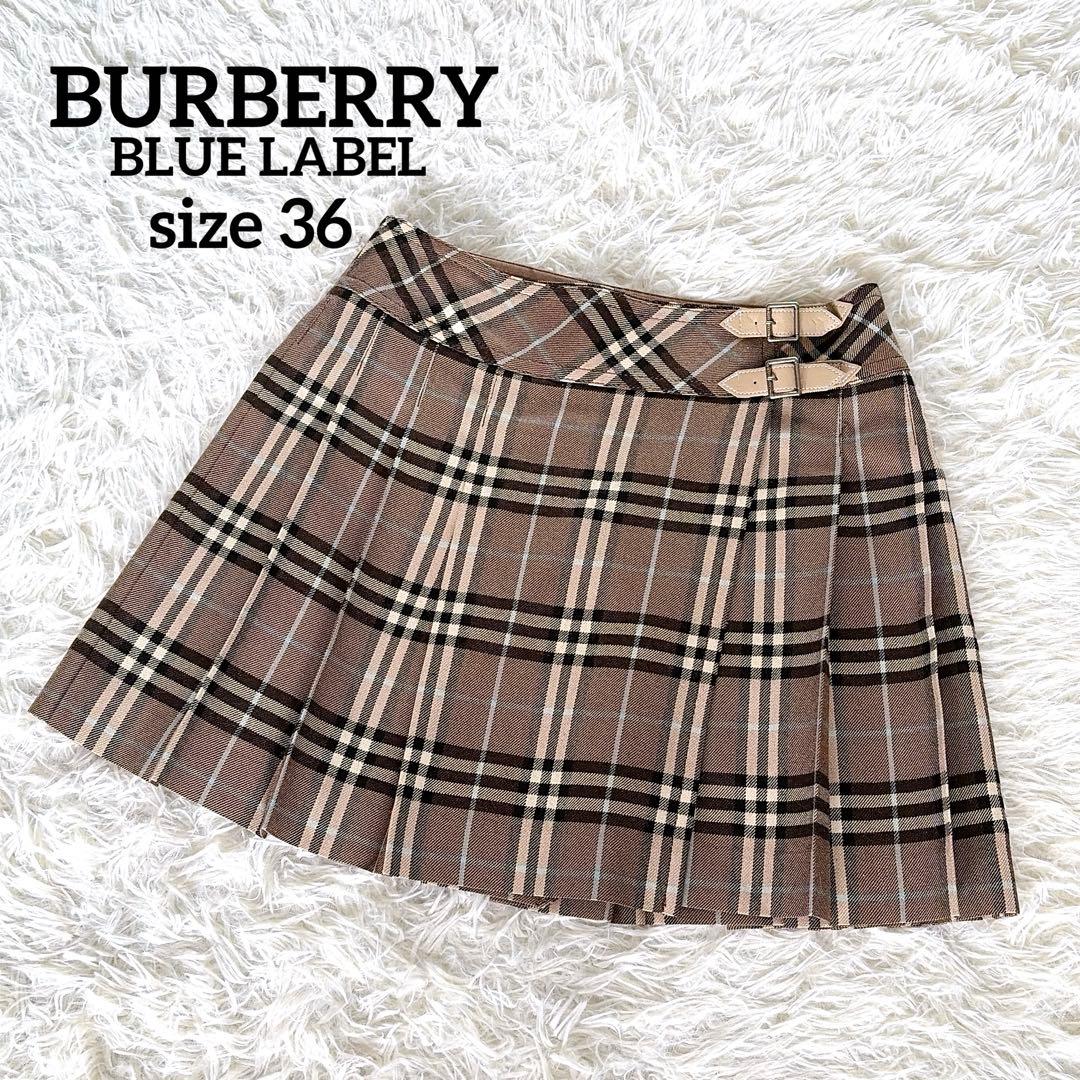 【バーバリーブルーレーベル】ベルト付きラッププリーツスカート ノバチェック 36