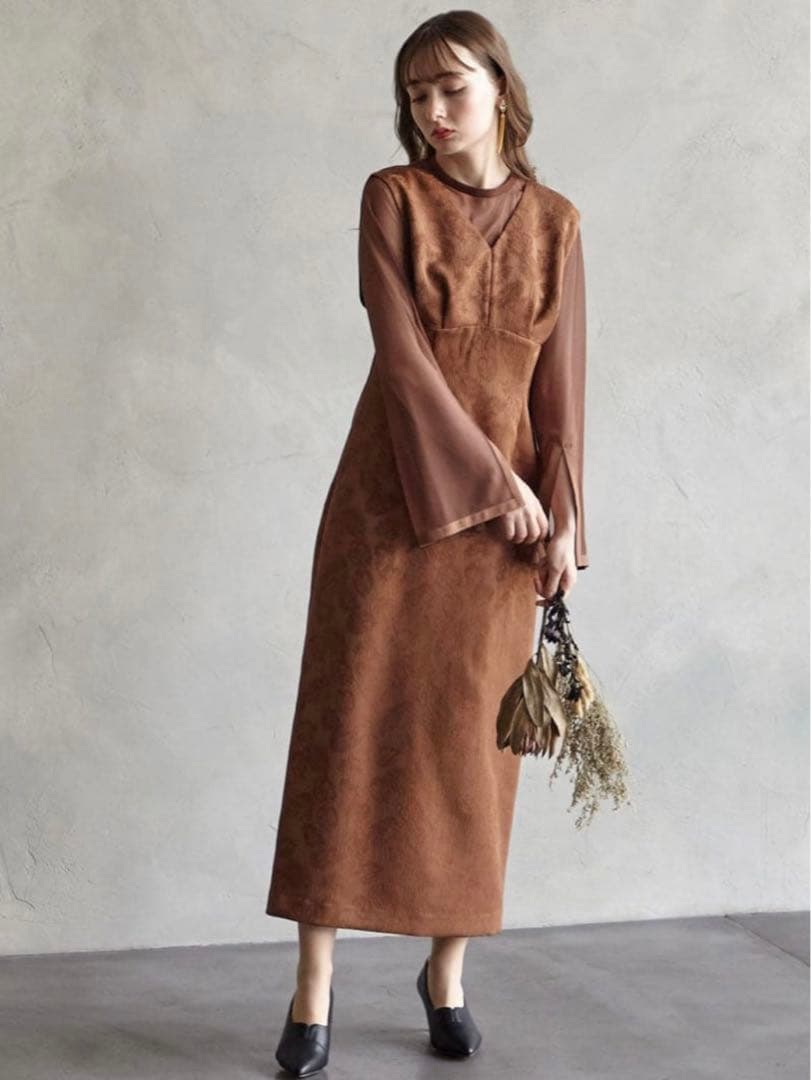 AIMER チュールブラウス付Vネックジャカードタイトパーティードレス Mサイズ