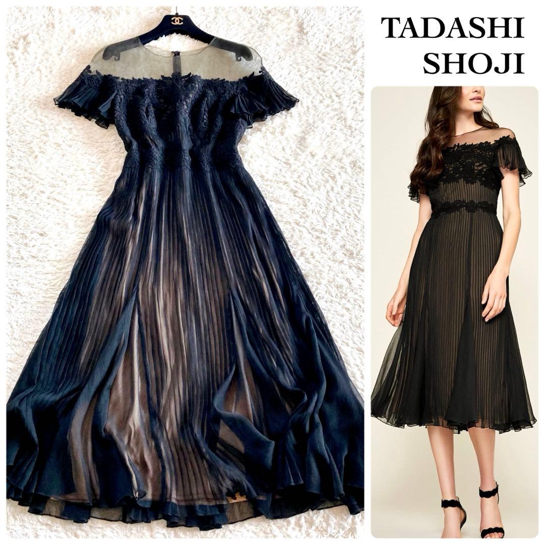 タダシショージ フラワー刺繍 シフォンプリーツワンピース カクテルドレス 黒