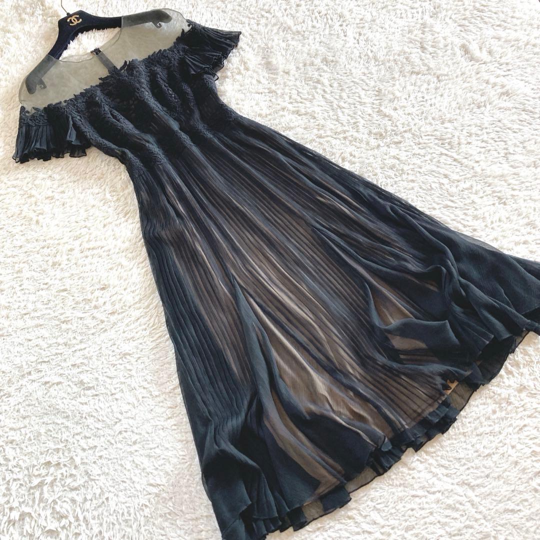 タダシショージ フラワー刺繍 シフォンプリーツワンピース カクテルドレス 黒