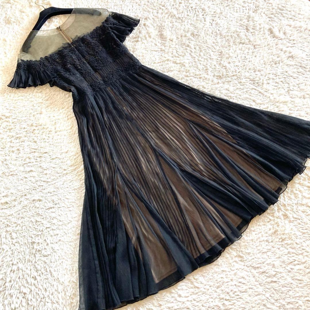 タダシショージ フラワー刺繍 シフォンプリーツワンピース カクテルドレス 黒