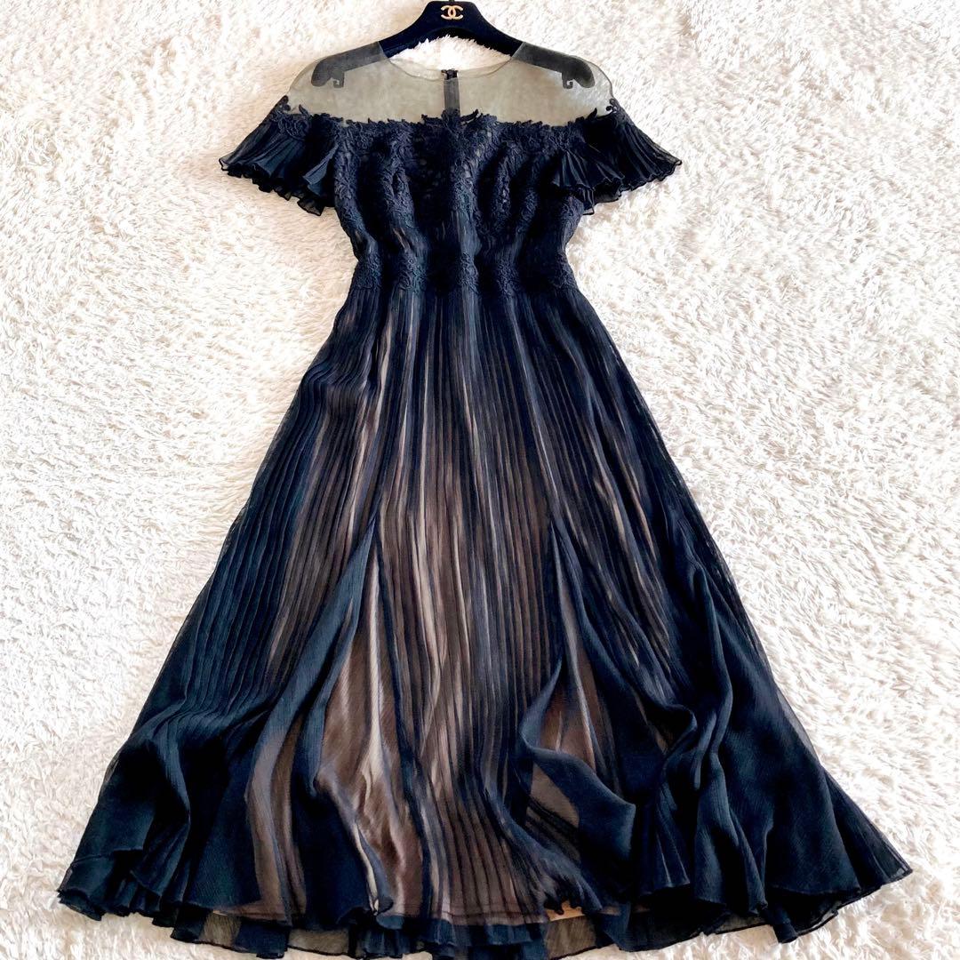 タダシショージ フラワー刺繍 シフォンプリーツワンピース カクテルドレス 黒